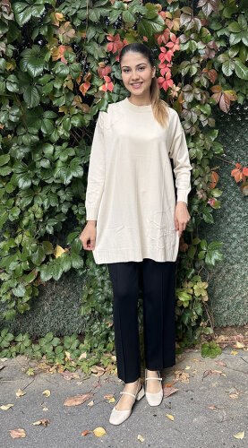 Orhan Etek Ucu ve Kol Ucu Çiçek Detaylı Tunik KREM - 2