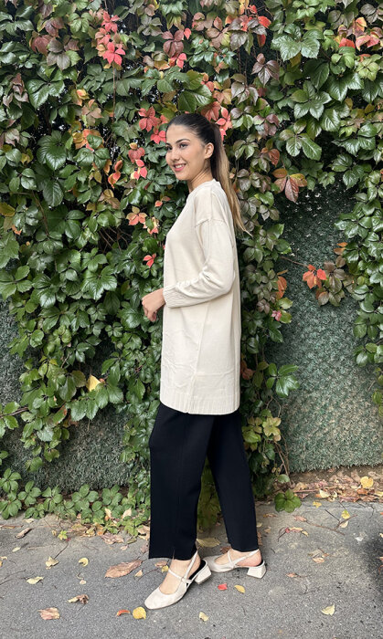 Orhan Etek Ucu ve Kol Ucu Çiçek Detaylı Tunik KREM - 3