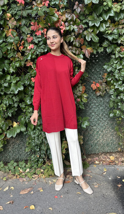 Orhan Omuzu Düğme Detaylı Tunik KIRMIZI - 2