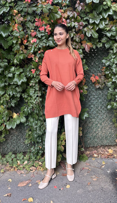 Orhan Omuzu Düğme Detaylı Tunik ORANJ - 2
