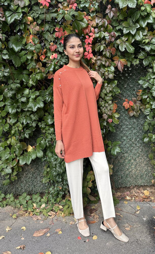 Orhan Omuzu Düğme Detaylı Tunik ORANJ - 3