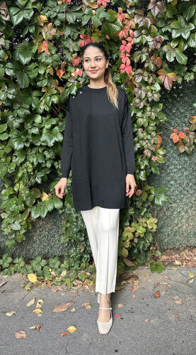 Orhan Omuzu Düğme Detaylı Tunik SİYAH