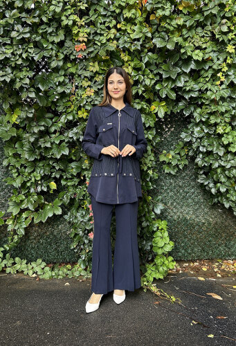 Orhan Önü Çizgili Zımba Detaylı Takım LACİVERT - 2