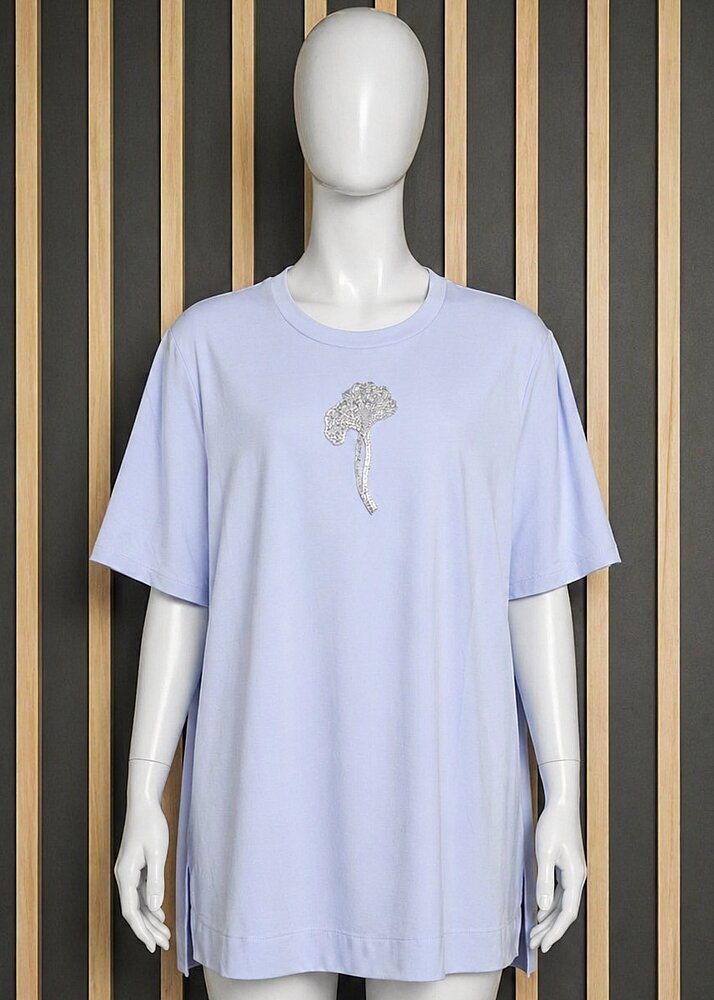 Qupra Çiçek Aksesuarlı Bambu Dokulu Basıc Bluz MAVİ