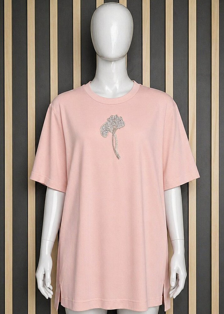 Qupra Çiçek Aksesuarlı Bambu Dokulu Basıc Bluz PEMBE