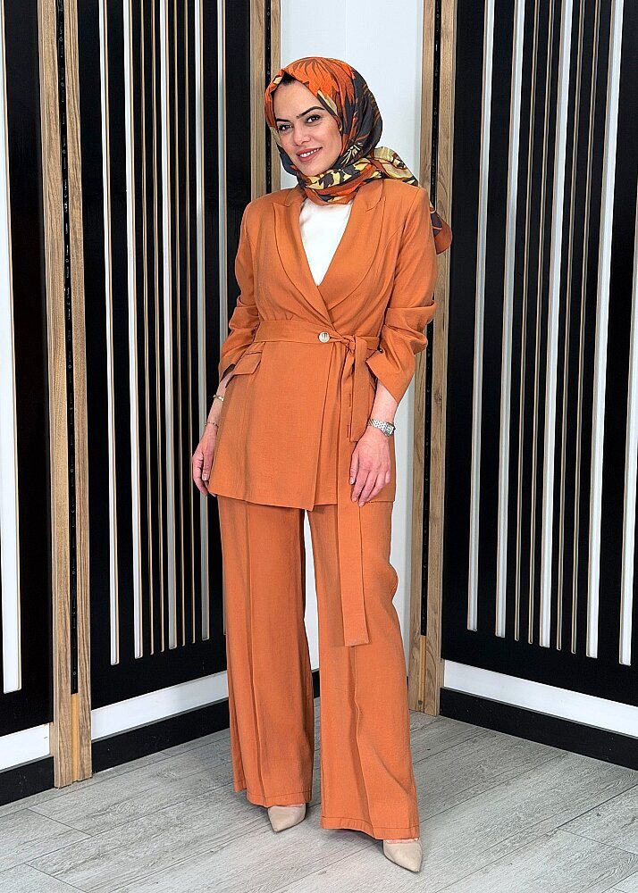 Qupra Düğmeli Tensel Ceket Takım KİREMİT