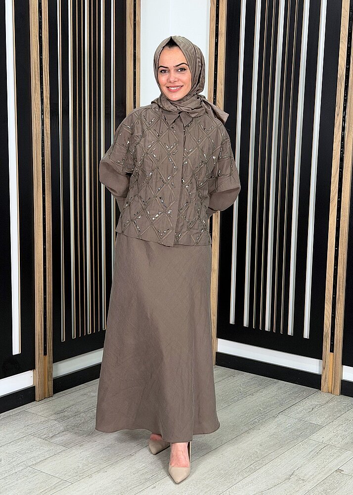 Qupra Gömleği Taşlı Etekli Takım KAHVE