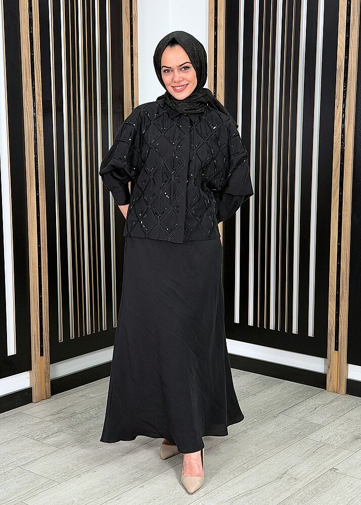 Qupra Gömleği Taşlı Etekli Takım SİYAH