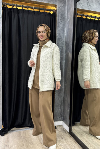 Qupra İnci Aksesuarlı Roma Bomber Ceket EKRU - QUPRA