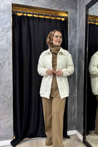 Qupra İnci Aksesuarlı Roma Bomber Ceket EKRU - 4