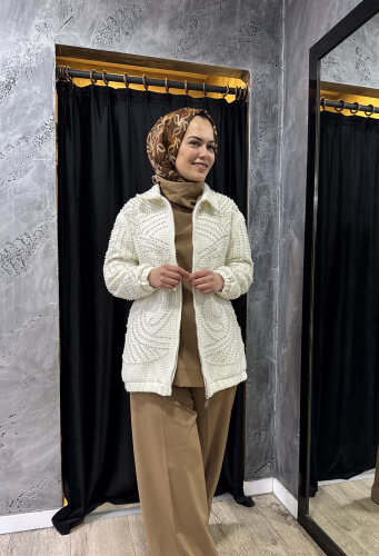 Qupra İnci Aksesuarlı Roma Bomber Ceket EKRU - 5