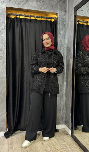 Qupra İnci Aksesuarlı Roma Bomber Ceket SİYAH - QUPRA