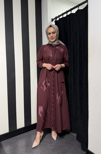 Qupra İşlemeli Kuşaklı Elbise BORDO