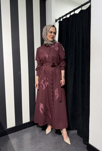 Qupra İşlemeli Kuşaklı Elbise BORDO - 2