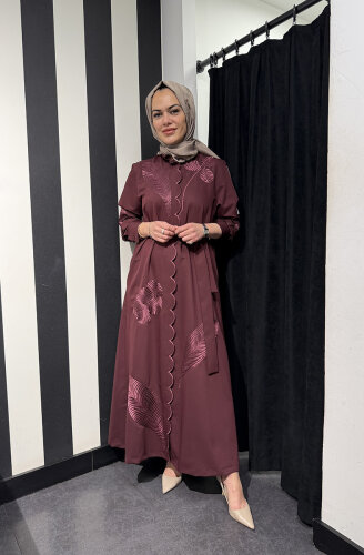 Qupra İşlemeli Kuşaklı Elbise BORDO - 3