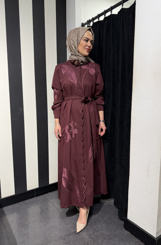 Qupra İşlemeli Kuşaklı Elbise BORDO - 4