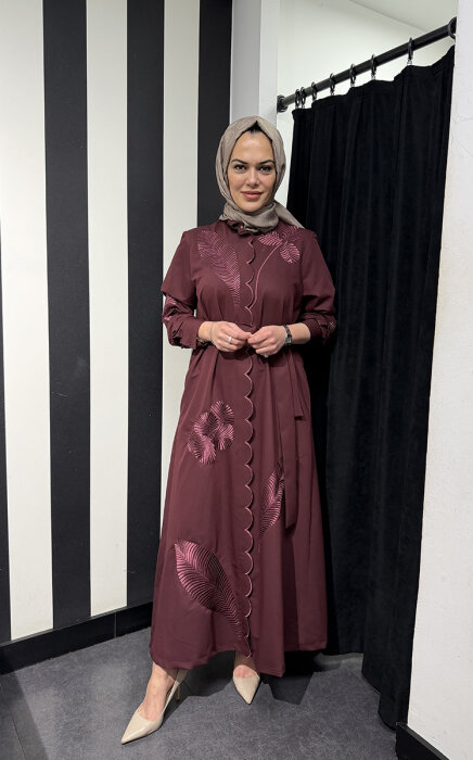 Qupra İşlemeli Kuşaklı Elbise BORDO - 6