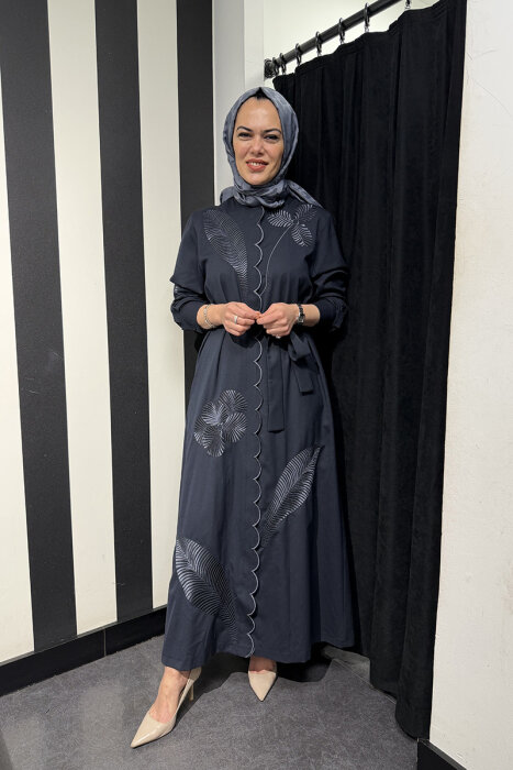 Qupra İşlemeli Kuşaklı Elbise LACİVERT - 2