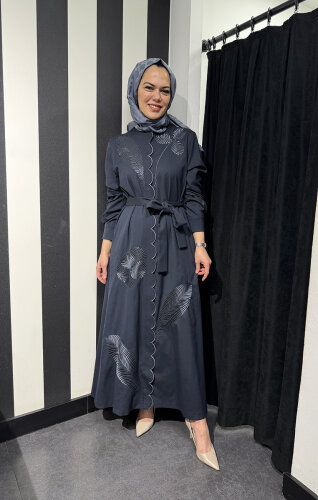 Qupra İşlemeli Kuşaklı Elbise LACİVERT - 3