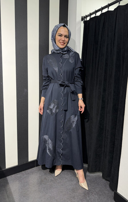 Qupra İşlemeli Kuşaklı Elbise LACİVERT - 3
