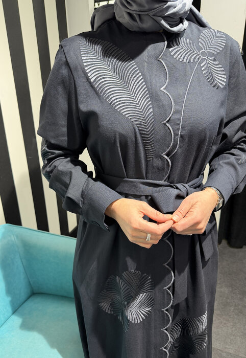 Qupra İşlemeli Kuşaklı Elbise LACİVERT - 4