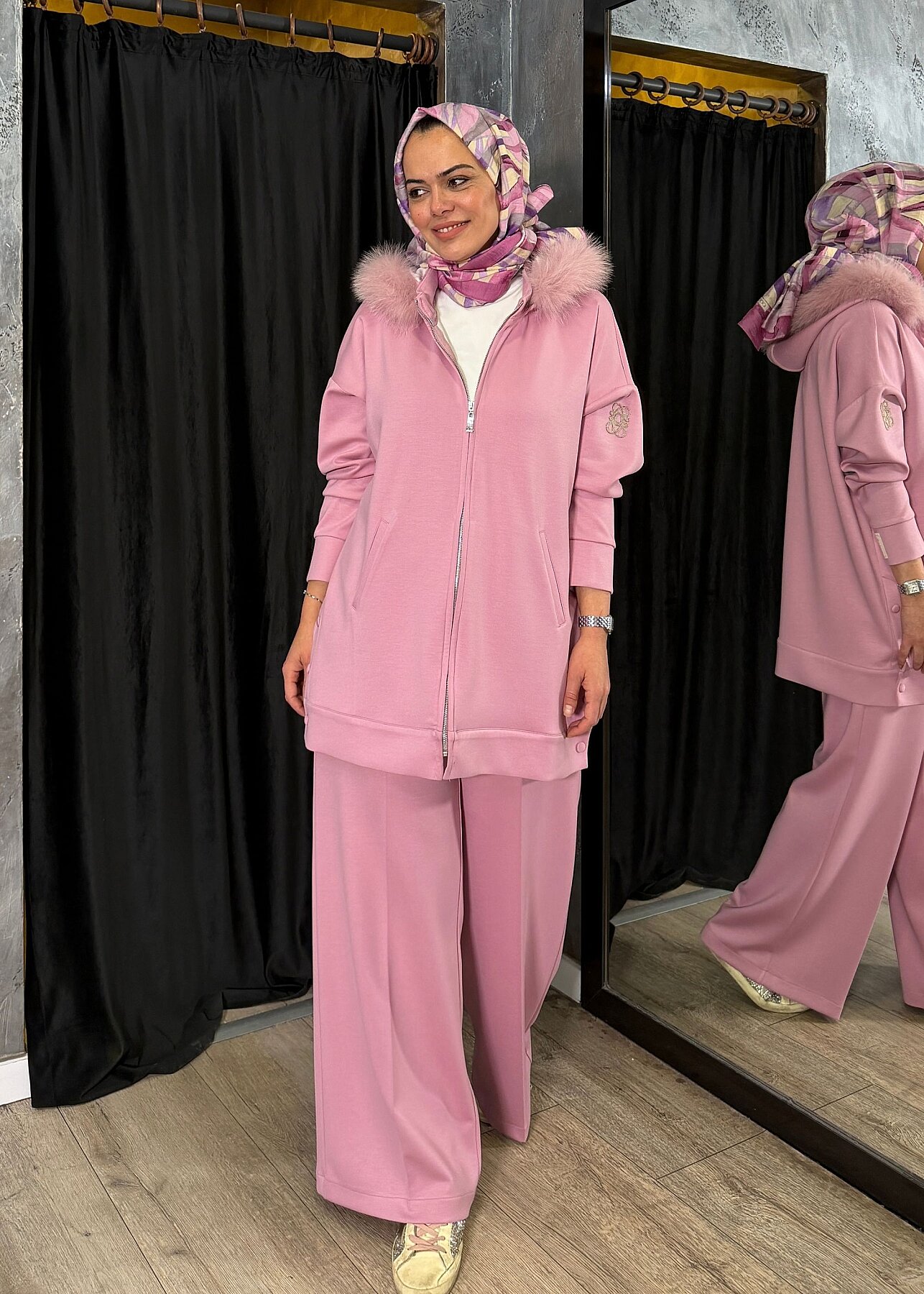 Qupra Kapşonu Kürklü Örme Takım PEMBE - 1