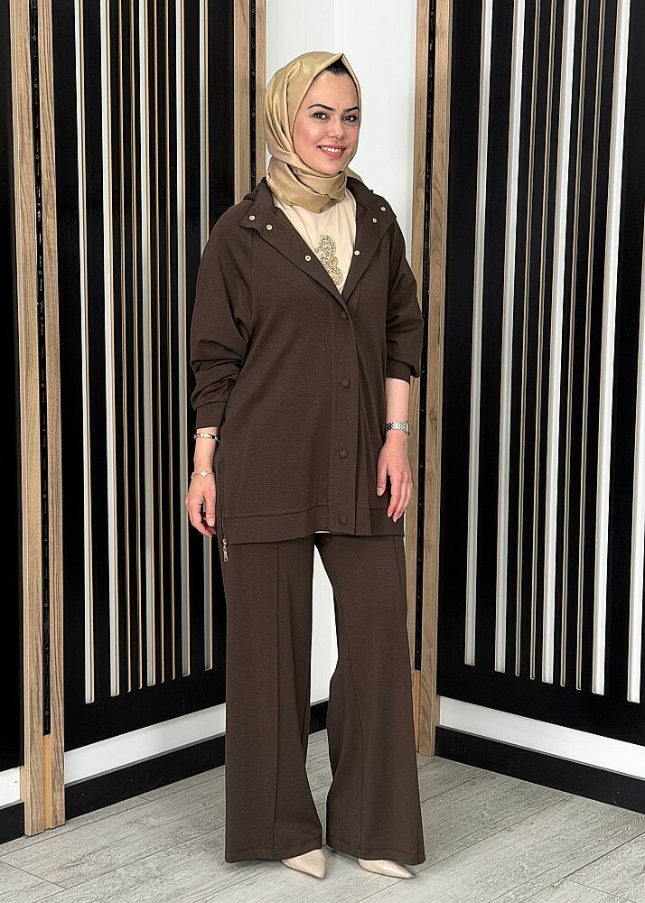 Qupra Kapüşonlu Önü Çıtçıtlı Pantolonlu Takım KAHVE - 2