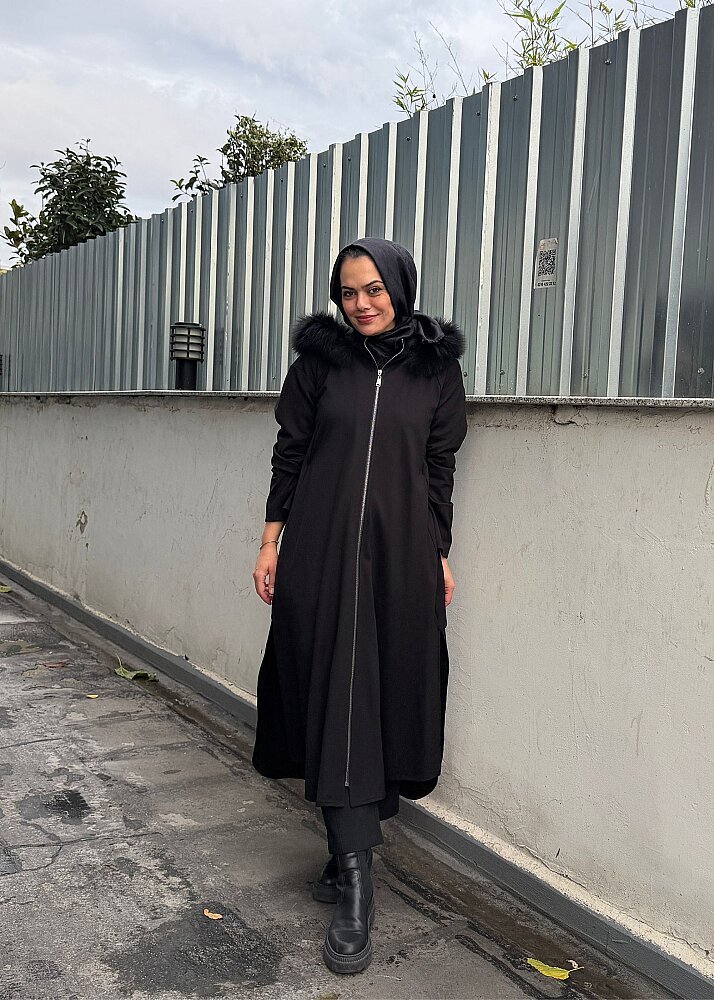 Qupra Kapüşonu Kürklü Santana Kap SİYAH - 7
