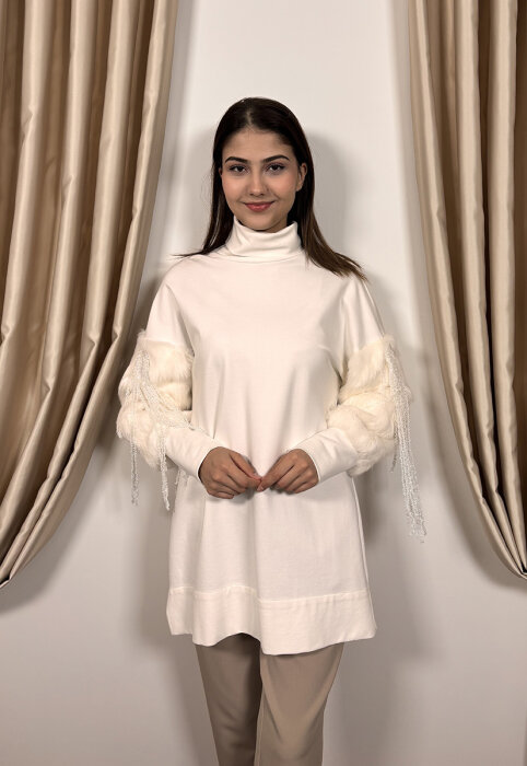 Qupra Kolları Kürk Ve Salkım Detaylı Tunik BEYAZ - 1