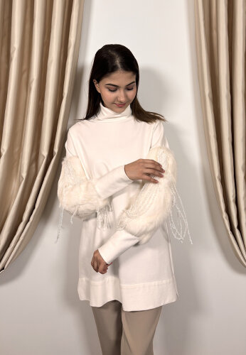 Qupra Kolları Kürk Ve Salkım Detaylı Tunik BEYAZ - 2