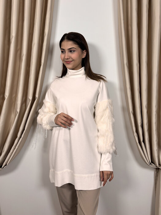 Qupra Kolları Kürk Ve Salkım Detaylı Tunik BEYAZ - 3