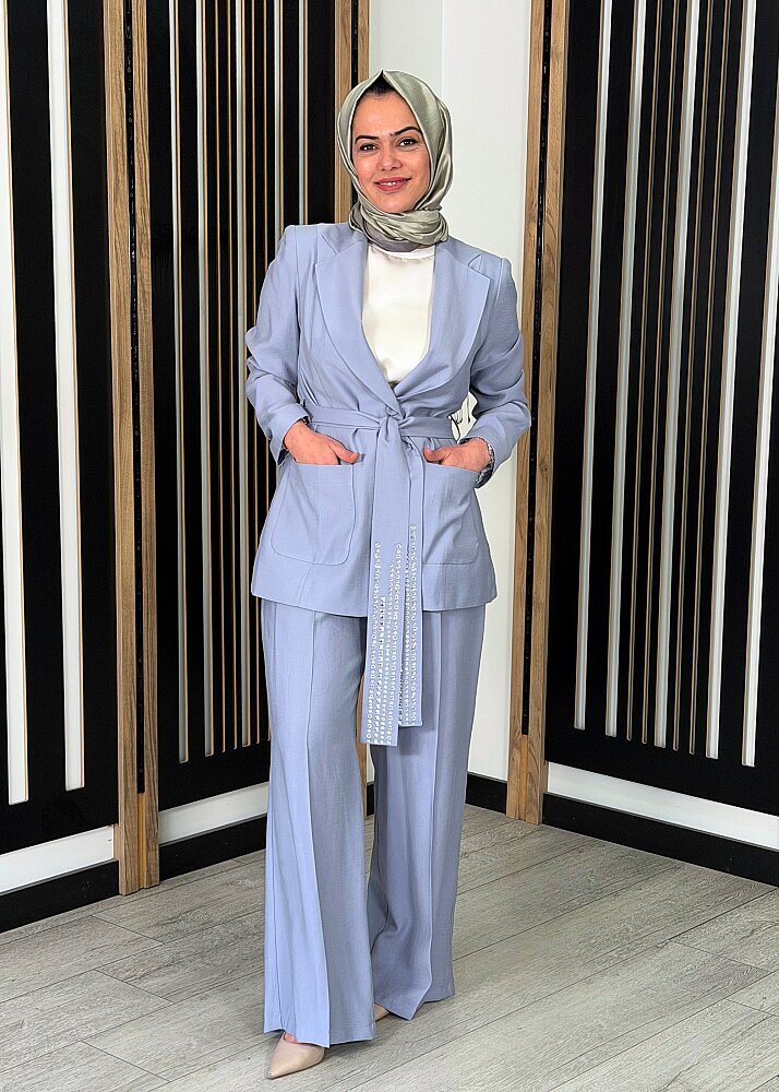 Qupra Kuşağı Taş Aksesuarlı Hera Takım MAVİ