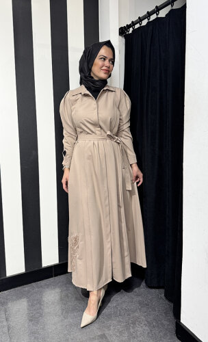 Qupra Nakış Detaylı Elbise CAMEL - 2