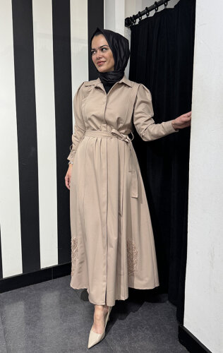 Qupra Nakış Detaylı Elbise CAMEL - QUPRA