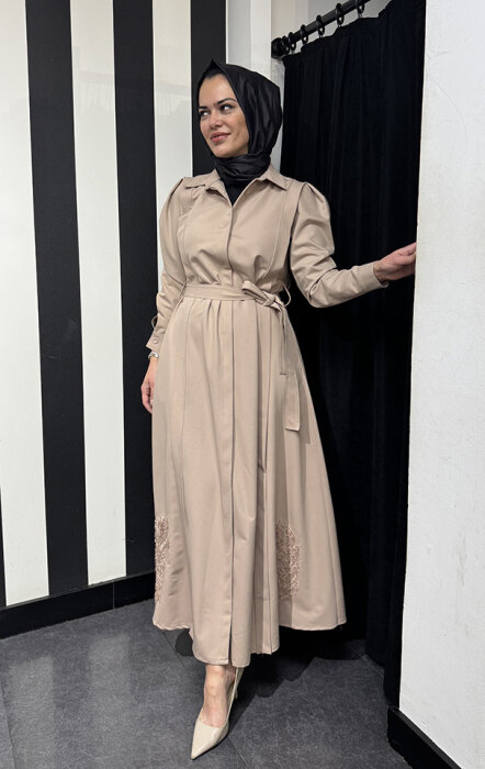 Qupra Nakış Detaylı Elbise CAMEL - 1