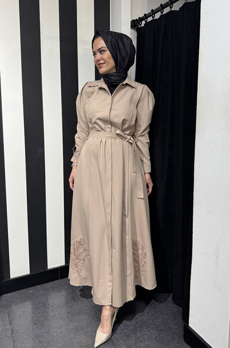 Qupra Nakış Detaylı Elbise CAMEL - 3