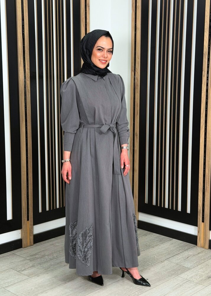 Qupra Nakış Detaylı Elbise GRİ - 2