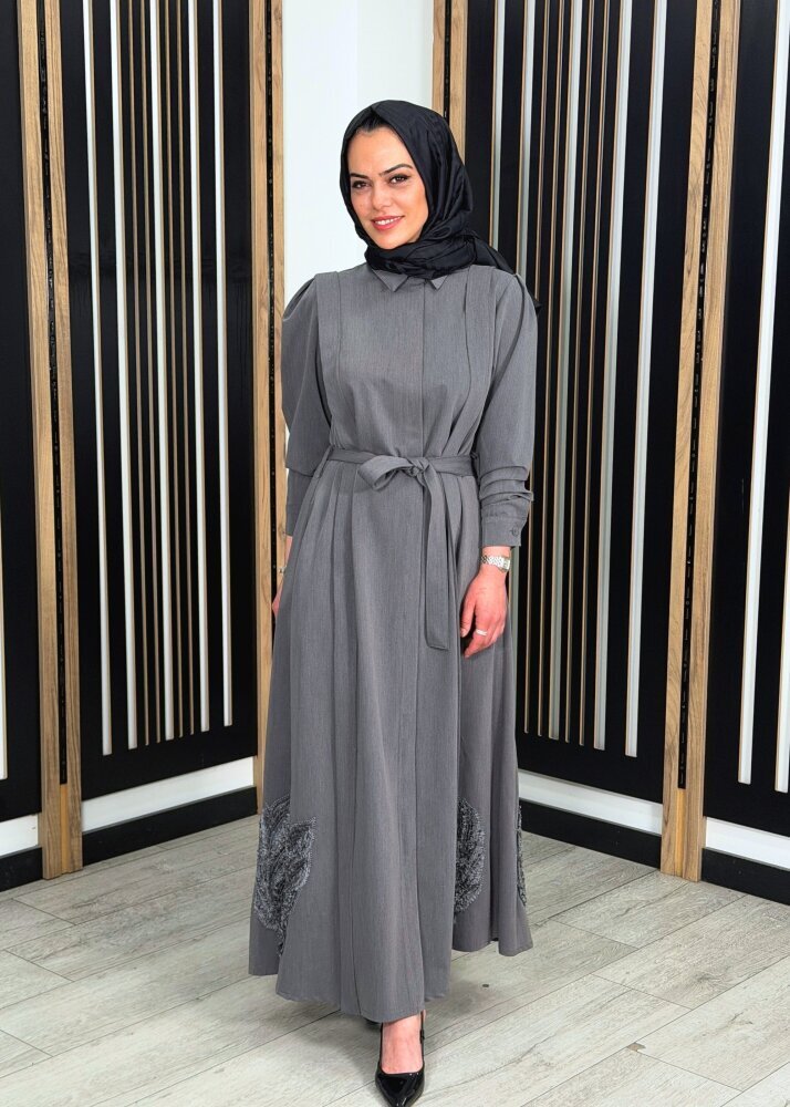 Qupra Nakış Detaylı Elbise GRİ - 3