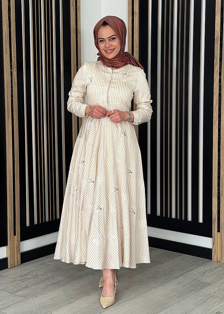 Qupra Nakış İşlemeli Çizgili Elbise BORDO - 3