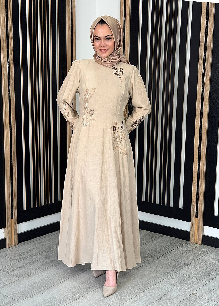 Qupra Nakışlı Keten Elbise BEJ