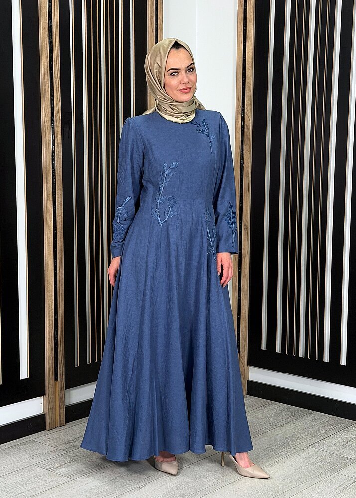Qupra Nakışlı Keten Elbise MAVİ