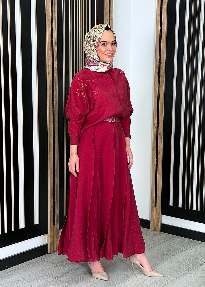 Qupra Omzu Taş Detaylı Tensel Etekli Takım BORDO