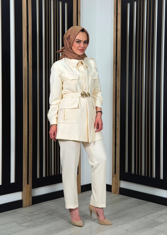 Qupra Önü Cep Detaylı Kemerli Takım EKRU - 2