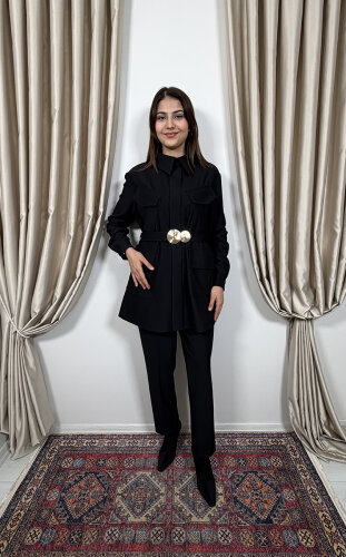 Qupra Önü Cep Detaylı Kemerli Takım SİYAH - 2