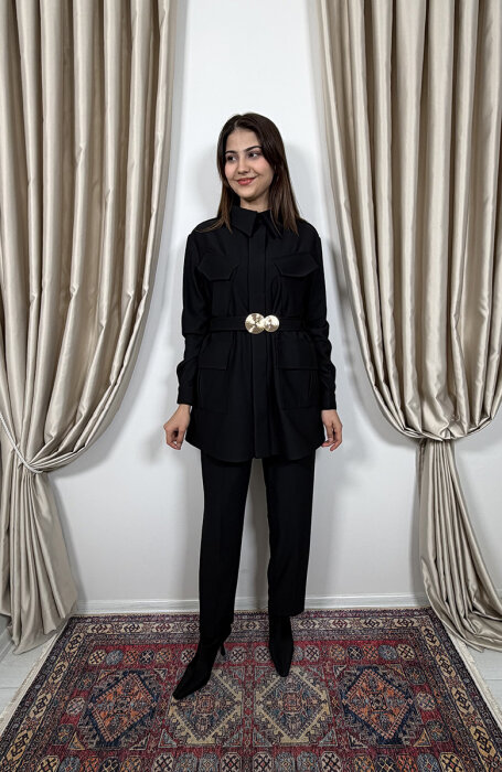 Qupra Önü Cep Detaylı Kemerli Takım SİYAH - 1