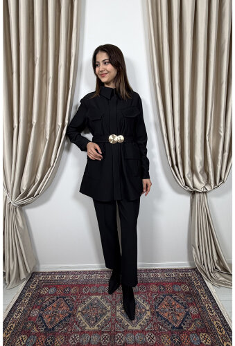 Qupra Önü Cep Detaylı Kemerli Takım SİYAH - 3