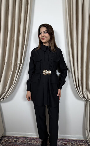 Qupra Önü Cep Detaylı Kemerli Takım SİYAH - 4