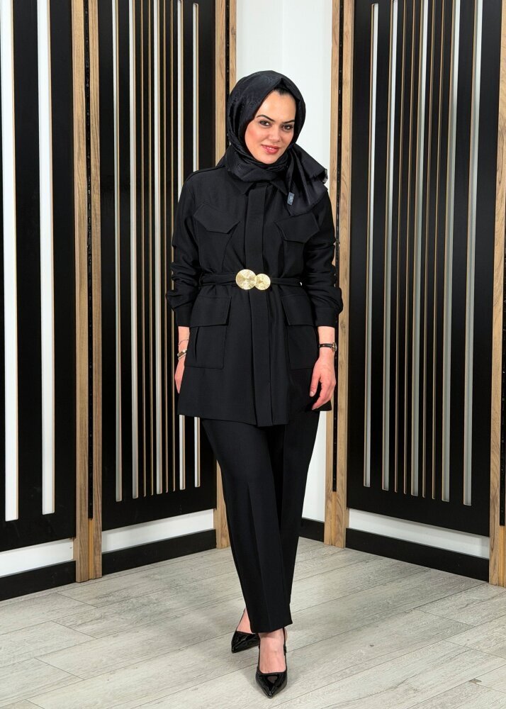 Qupra Önü Cep Detaylı Kemerli Takım SİYAH
