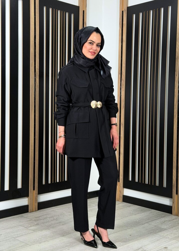 Qupra Önü Cep Detaylı Kemerli Takım SİYAH - 2