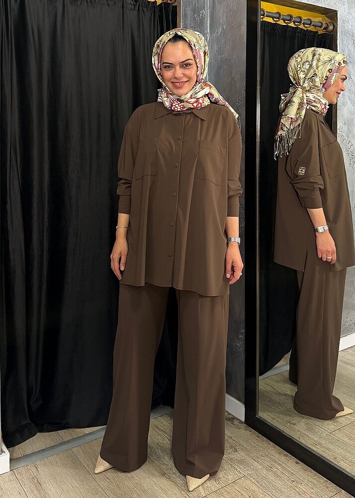 Qupra Önü Çıtçıtlı Pantolonlu Takım KAHVE - 2
